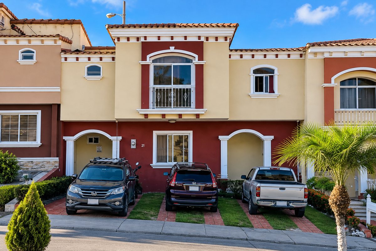 Fachada de vivienda residencial con acabados en tonos rojo y arena, comercializada por Arévalo Inversiones