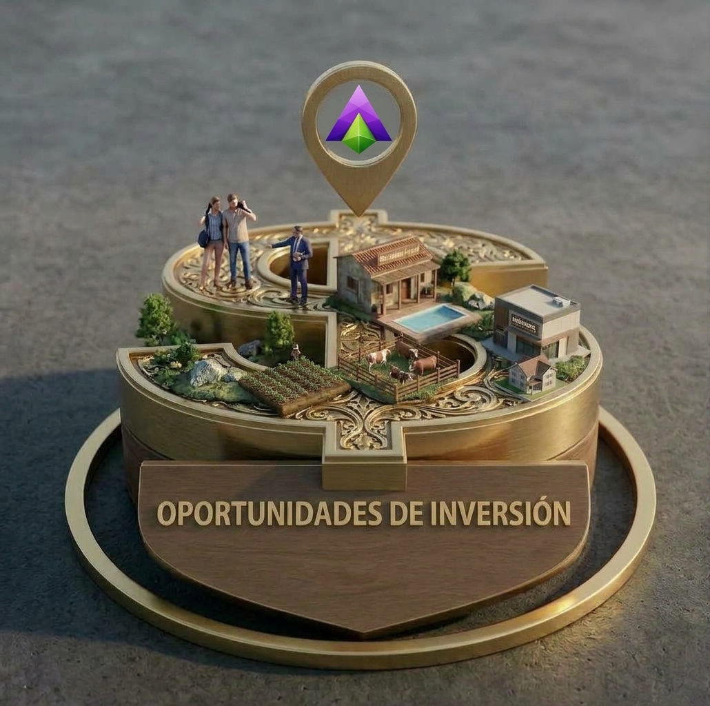 Ilustración de un terreno con cultivos, piscina y personas, símbolo de las oportunidades de inversión