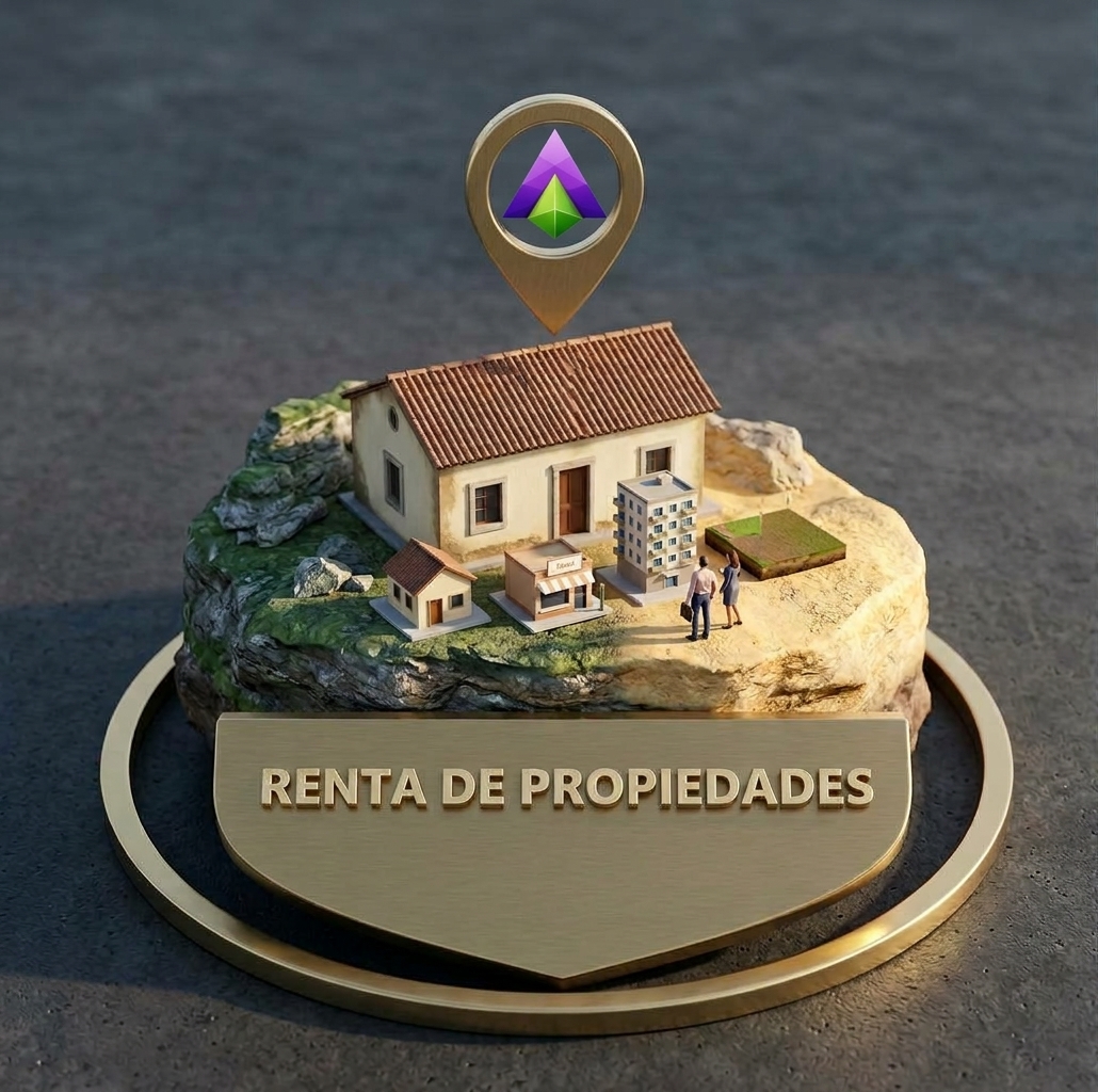 Ilustración de una casa con techo de teja y personas en el terreno, símbolo de la renta de propiedades