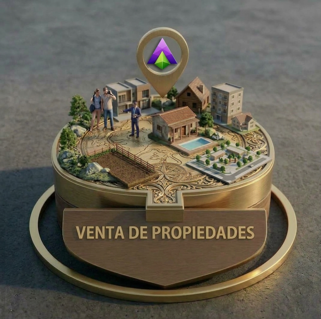 Ilustración de una comunidad de propiedades con casas, terrenos y personas, símbolo de la venta de propiedades